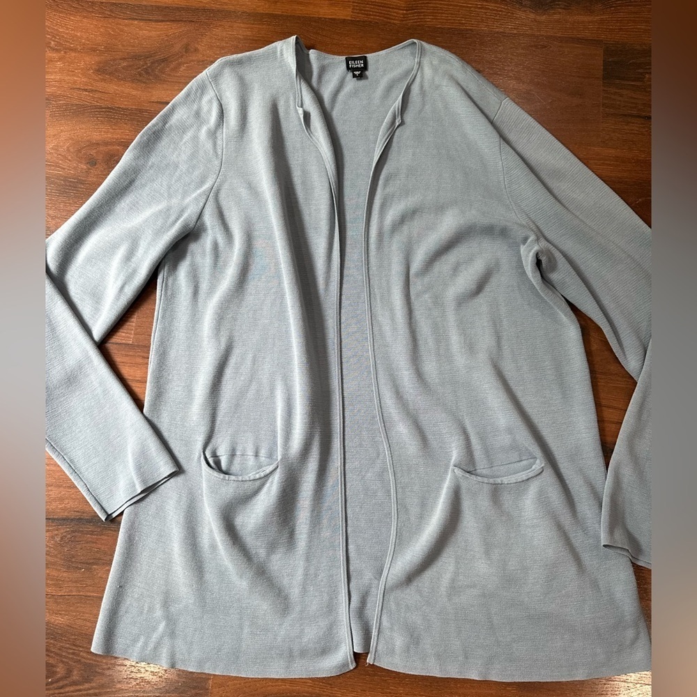 Eileen Fisher silk open front cardigan oversized blue color Sz Large